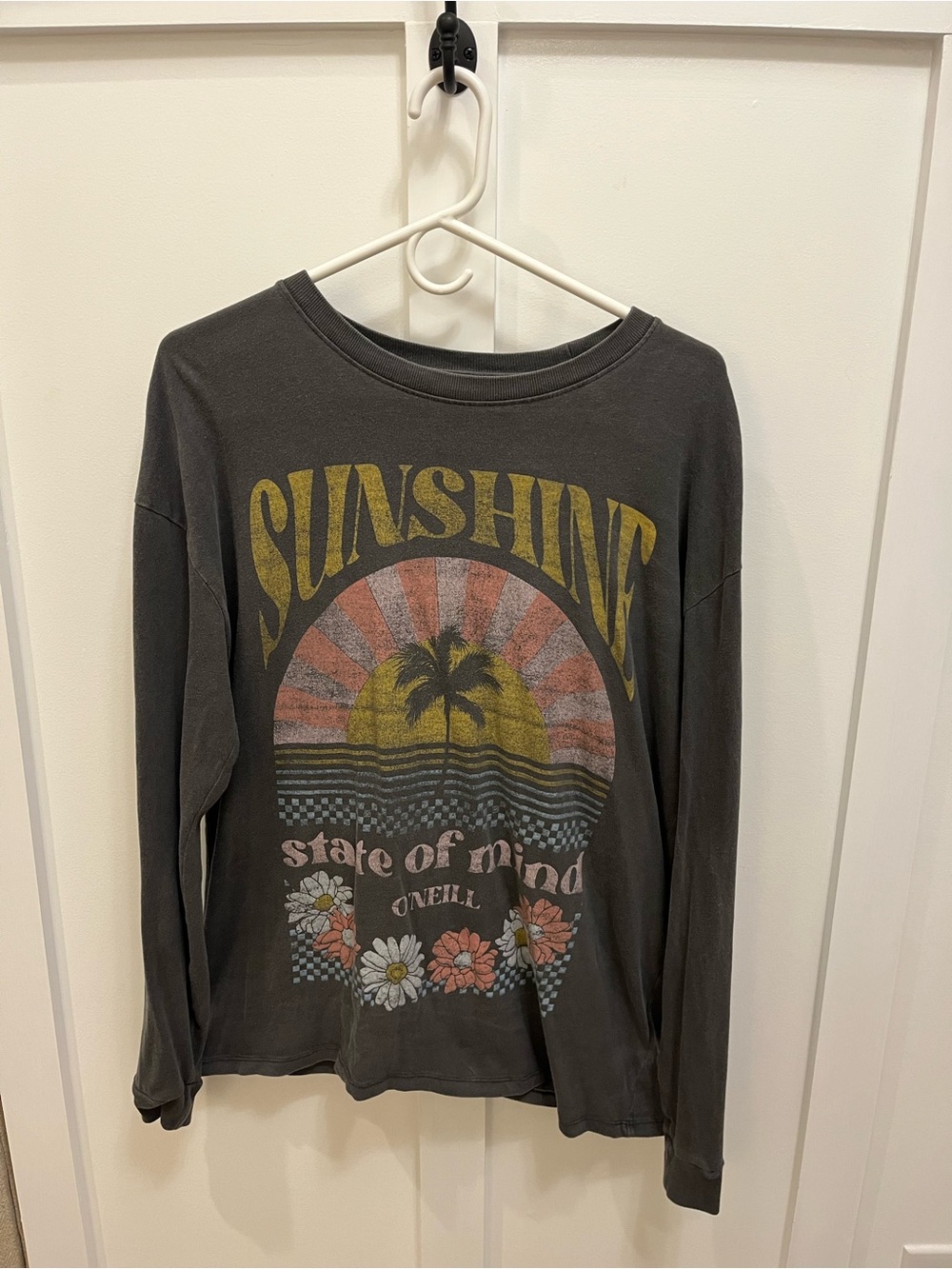 O'Neill Charcoal Long Sleeve 'Sunshine' Graphic Tee with Yellow & Pink Accents
